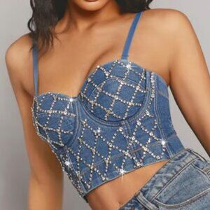 The Sang rhinestone denim crop corset sexy top size L LIKE NEW